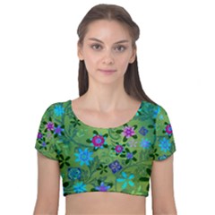 Green Garden Revised For Tiling Velvet Short Sleeve Crop Top 