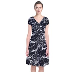 Black And White Abstract Textured Print Short Sleeve Front Wrap Dress