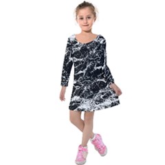 Black And White Abstract Textured Print Kids  Long Sleeve Velvet Dress by dflcprintsclothing