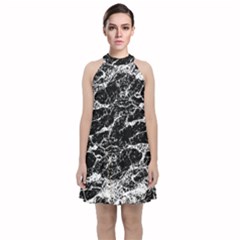 Black And White Abstract Textured Print Velvet Halter Neckline Dress  by dflcprintsclothing