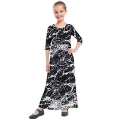 Black And White Abstract Textured Print Kids  Quarter Sleeve Maxi Dress by dflcprintsclothing