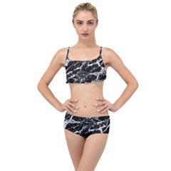 Black And White Abstract Textured Print Layered Top Bikini Set by dflcprintsclothing