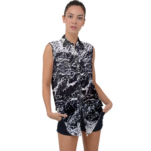 Black And White Abstract Textured Print Sleeveless Chiffon Button Shirt by dflcprintsclothing