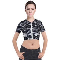 Black And White Abstract Textured Print Short Sleeve Cropped Jacket by dflcprintsclothing