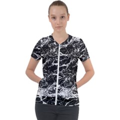 Black And White Abstract Textured Print Short Sleeve Zip Up Jacket by dflcprintsclothing