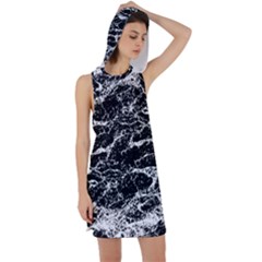 Black And White Abstract Textured Print Racer Back Hoodie Dress by dflcprintsclothing