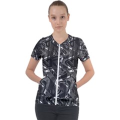 Black And White Intricate Geometric Print Short Sleeve Zip Up Jacket