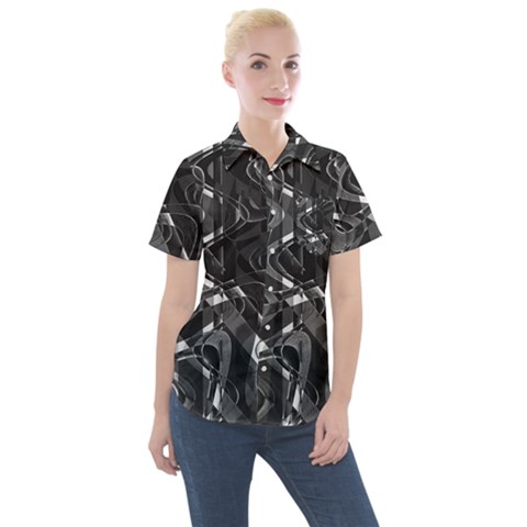 Black And White Intricate Geometric Print Women s Short Sleeve Pocket Shirt by dflcprintsclothing