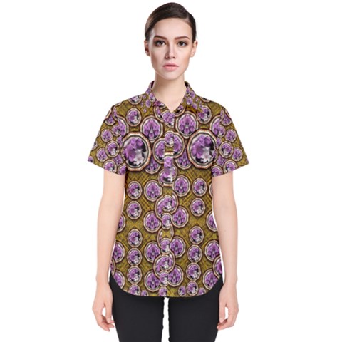 Gold Plates With Magic Flowers Raining Down Women s Short Sleeve Shirt by pepitasart