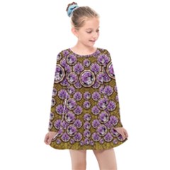 Gold Plates With Magic Flowers Raining Down Kids  Long Sleeve Dress by pepitasart