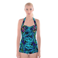 420 Ganja Pattern, Weed Leafs, Marihujana In Colors Boyleg Halter Swimsuit  by Casemiro