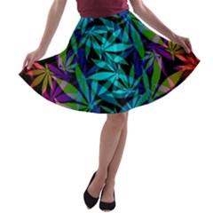 420 Ganja Pattern, Weed Leafs, Marihujana In Colors A-line Skater Skirt