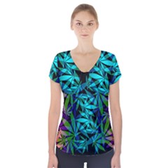 420 Ganja Pattern, Weed Leafs, Marihujana In Colors Short Sleeve Front Detail Top