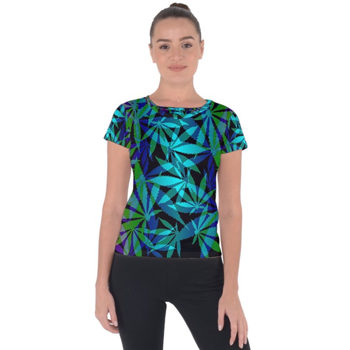 420 ganja pattern, weed leafs, marihujana in colors Short Sleeve Sports Top 