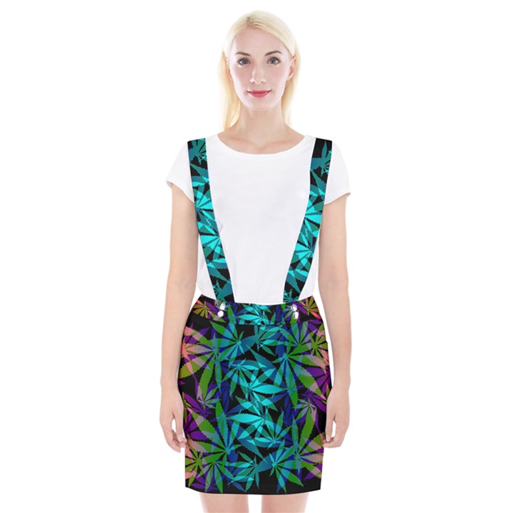 420 ganja pattern, weed leafs, marihujana in colors Braces Suspender Skirt