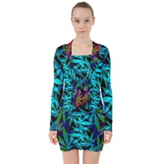 420 Ganja Pattern, Weed Leafs, Marihujana In Colors V-neck Bodycon Long Sleeve Dress