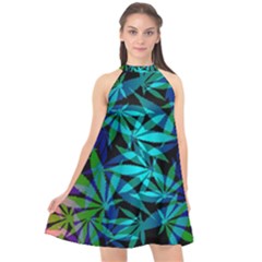 420 Ganja Pattern, Weed Leafs, Marihujana In Colors Halter Neckline Chiffon Dress 