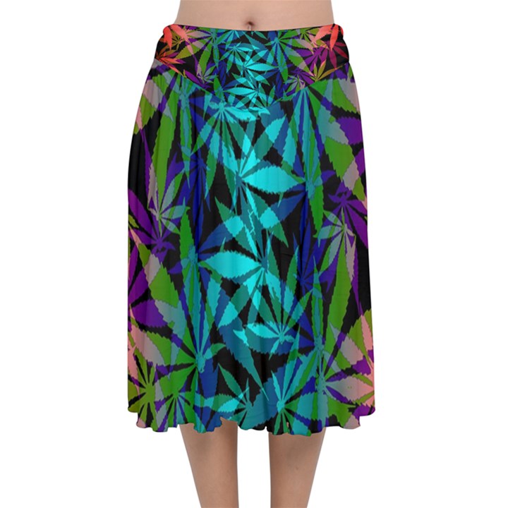 420 ganja pattern, weed leafs, marihujana in colors Velvet Flared Midi Skirt