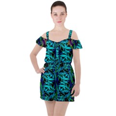 420 Ganja Pattern, Weed Leafs, Marihujana In Colors Ruffle Cut Out Chiffon Playsuit by Casemiro