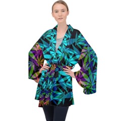 420 Ganja Pattern, Weed Leafs, Marihujana In Colors Long Sleeve Velvet Kimono  by Casemiro