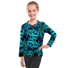 420 Ganja Pattern, Weed Leafs, Marihujana In Colors Kids  Long Mesh Tee