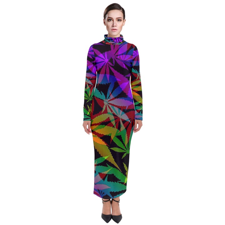 Ganja in rainbow colors, weed pattern, marihujana theme Turtleneck Maxi Dress