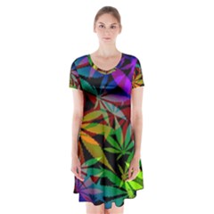 Ganja In Rainbow Colors, Weed Pattern, Marihujana Theme Short Sleeve V-neck Flare Dress by Casemiro