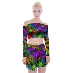 Ganja In Rainbow Colors, Weed Pattern, Marihujana Theme Off Shoulder Top With Mini Skirt Set by Casemiro