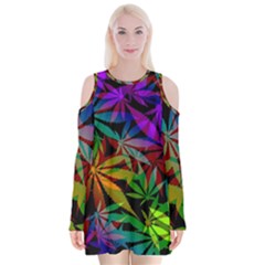 Ganja In Rainbow Colors, Weed Pattern, Marihujana Theme Velvet Long Sleeve Shoulder Cutout Dress by Casemiro