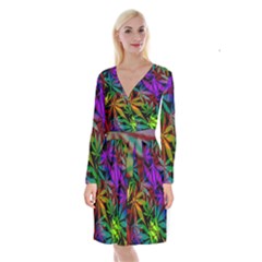 Ganja In Rainbow Colors, Weed Pattern, Marihujana Theme Long Sleeve Velvet Front Wrap Dress by Casemiro