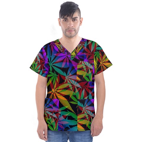 Ganja In Rainbow Colors, Weed Pattern, Marihujana Theme Men s V-neck Scrub Top by Casemiro