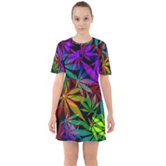 Ganja In Rainbow Colors, Weed Pattern, Marihujana Theme Sixties Short Sleeve Mini Dress by Casemiro