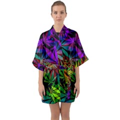 Ganja In Rainbow Colors, Weed Pattern, Marihujana Theme Half Sleeve Satin Kimono 