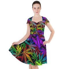 Ganja In Rainbow Colors, Weed Pattern, Marihujana Theme Cap Sleeve Midi Dress