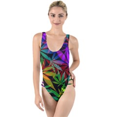 Ganja In Rainbow Colors, Weed Pattern, Marihujana Theme High Leg Strappy Swimsuit by Casemiro