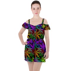 Ganja In Rainbow Colors, Weed Pattern, Marihujana Theme Ruffle Cut Out Chiffon Playsuit by Casemiro