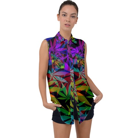 Ganja In Rainbow Colors, Weed Pattern, Marihujana Theme Sleeveless Chiffon Button Shirt by Casemiro