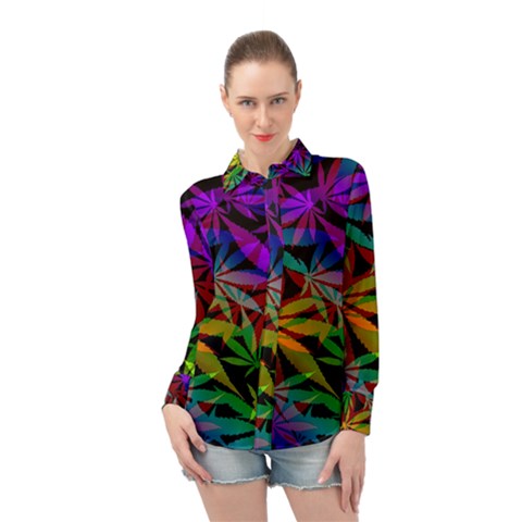 Ganja In Rainbow Colors, Weed Pattern, Marihujana Theme Long Sleeve Chiffon Shirt by Casemiro