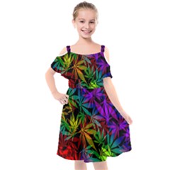 Ganja In Rainbow Colors, Weed Pattern, Marihujana Theme Kids  Cut Out Shoulders Chiffon Dress by Casemiro