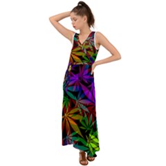 Ganja In Rainbow Colors, Weed Pattern, Marihujana Theme V-neck Chiffon Maxi Dress by Casemiro