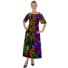 Ganja In Rainbow Colors, Weed Pattern, Marihujana Theme Shoulder Straps Boho Maxi Dress 