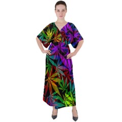 Ganja In Rainbow Colors, Weed Pattern, Marihujana Theme V-neck Boho Style Maxi Dress by Casemiro