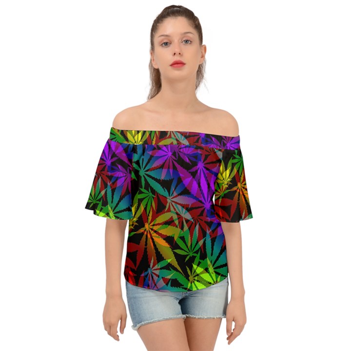 Ganja in rainbow colors, weed pattern, marihujana theme Off Shoulder Short Sleeve Top