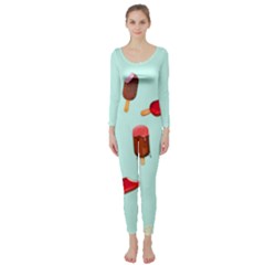 Ice Cream Pattern, Light Blue Background Long Sleeve Catsuit