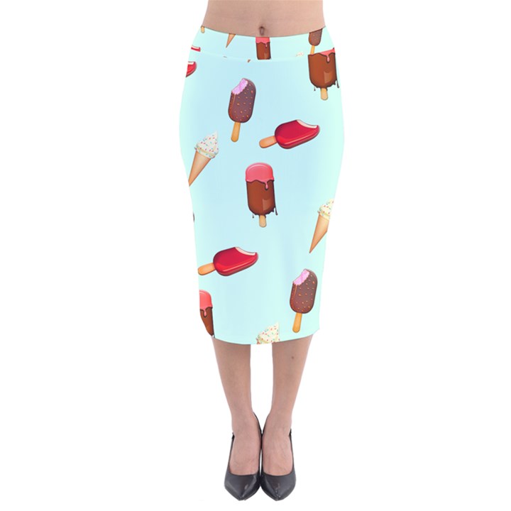 Ice Cream pattern, light blue background Velvet Midi Pencil Skirt