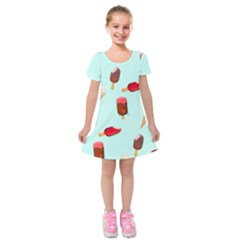 Ice Cream Pattern, Light Blue Background Kids  Short Sleeve Velvet Dress