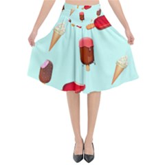 Ice Cream Pattern, Light Blue Background Flared Midi Skirt