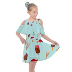 Ice Cream Pattern, Light Blue Background Kids  Shoulder Cutout Chiffon Dress