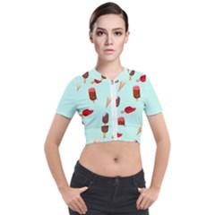 Ice Cream Pattern, Light Blue Background Short Sleeve Cropped Jacket by Casemiro