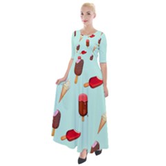 Ice Cream Pattern, Light Blue Background Half Sleeves Maxi Dress